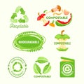 Set of Environmental Labels, Recyclable Triangle Sign, Compostable Waste, Biodegradable Garbage Litter Bin. Logo Icons Royalty Free Stock Photo