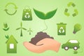 Set of environmentally friendly icons. recycling layout. Hand with plant and environment symbols on green background. Eco vector Royalty Free Stock Photo