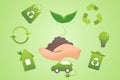 Set of environmentally friendly icons. recycling layout. Hand with plant and environment symbols on green background. Eco vector