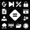 Set of Equal, Volume control, Folder, Television, Cloud computing, Settings, User, Video player, Notepad, editable icon pack