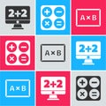 Set Equation solution, Calculator and Chalkboard icon. Vector Royalty Free Stock Photo