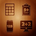Set Equation solution, Calculator, Mobile calculator interface and Test or exam sheet on wooden background. Vector