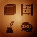 Set Equation solution, Geometric figure Cube, Feather and inkwell and Abacus on wooden background. Vector Royalty Free Stock Photo