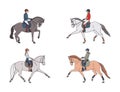 Set of equestrians riding horses