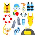 Set of equipment beach lifeguards cartoon style. Vector illustration of bag, swimsuit, life buoy, life jacket, whistle, air tanks