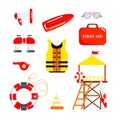 Set of equipment beach lifeguards cartoon style. Vector illustration of loudspeaker, sunglasses, life buoy and vest, whistle, Royalty Free Stock Photo