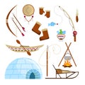 Set of equipment eskimos cartoon style. Vector illustration of igloo, trays, bows and arrows, woods, spears, boots and mittens, Royalty Free Stock Photo
