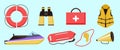 Set equipment of lifeguard for rescue and medical first aid of drowning. Royalty Free Stock Photo