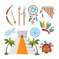 Set of equipment maya cartoon style. Vector illustration of pyramids with palm trees, ritual mask, rock inscriptions, bow and Royalty Free Stock Photo