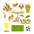 Set of equipment for vacationers in Brazil cartoon style. Vector illustration of football field, ball, cocktail, slippers,