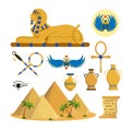 Set of equipment for vacationers in Egypt cartoon style. Vector illustration of pyramids, sphinx, papyrus, vase, scarab beetle