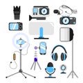 Set of equipment for a videographer in cartoon style. Vector illustration cameras, camera, lenses, microphone, monitor, lamps,