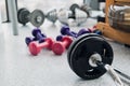 Set of equipment for weightlifting and fitness: dumbbells, barbell and rowing machine at gym Royalty Free Stock Photo