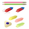 Set of erasers of different color and shape, two pencils Royalty Free Stock Photo