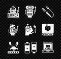 Set Error in robot, Robot low battery charge, Soldering iron, Robotic arm factory, Battery, Creating, and charging icon Royalty Free Stock Photo