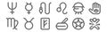 Set of 12 esoteric icons. outline thin line icons such as voodoo doll, singing bowl, taurus, cauldron, pendulum, mercury