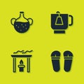 Set Essential oil bottle, Flip flops, Aroma candle and Cup of tea with tea bag icon. Vector