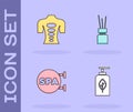 Set Essential oil bottle, Massage stone therapy, Spa salon and Aroma diffuser icon. Vector