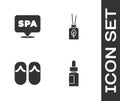 Set Essential oil bottle, Spa salon, Flip flops and Aroma diffuser icon. Vector
