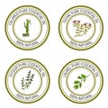 Set of essential oil labels: calamus, thyme, hyssop, laurel.