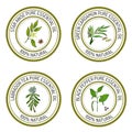 Set of essential oil labels: star anise, green cardamon, labrador tea, black pepper Royalty Free Stock Photo