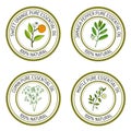 Set of essential oil labels: sweet orange, jamaica pepper, cumun, mirtle