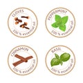 Set of essential oils labels. Cloves, peppermint, cinnamon, basil