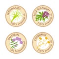 Set of essential oils labels. Rose Geranium, lemongrass, Chamomile, Valerian herb