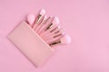 Set of essential professional make-up brushes and cosmetic bag on pink background