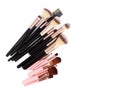 Set of essential professional make-up brushes are isolated with shadows on white background