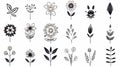 Set of Ethnic flowers ornaments on white background, tattoos Royalty Free Stock Photo