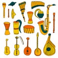 Set of Ethnic musical folk instruments in hand drawn style. Royalty Free Stock Photo