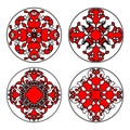Set of ethnic oriental patterns in circle. Symmetric decorative floral filigree motifs in red, black and white Royalty Free Stock Photo