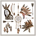 Set of ethnic style arrows, feathers, beads, bow, injun Royalty Free Stock Photo