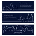 Set of european city banners. Linear silhouettes of cityscapes.