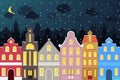 Set of European style colorful cartoon buildings in winter. Isolated hand drawn houses for your design. Royalty Free Stock Photo