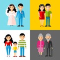 Set of european wedding couple, pregnant parents, grandparent, young family