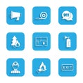 Set Evacuation plan, Hand holding fire, Fire exit, extinguisher, Firefighter, Burning forest tree, Telephone call 911 Royalty Free Stock Photo