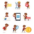 Set of evacuee man character helping kids after volcano eruption Royalty Free Stock Photo