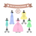 Set of Evening Dresses. Vintage dresses on mannequins. Vector.