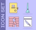 Set Evidence bag and knife, Lawsuit paper, Suspect criminal and Paint brush icon. Vector