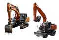 Set of excavators isolated on background. Crawler excavator with bucket lowered and wheeled excavator with bucket raised.