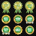 Set of excellent quality green badges with gold border.