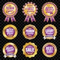 Set of excellent quality violet badges with gold border.