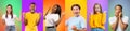 Set of excited multiracial young men and women celebrating success on gradient studio backgrounds, panorama