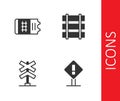 Set Exclamation mark in square, Train ticket, Railroad crossing and Railway, railroad track icon. Vector Royalty Free Stock Photo