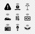 Set Exclamation mark in triangle, Smart sensor, street light, radio, bulb, drone, car system with wireless and