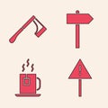 Set Exclamation mark in triangle, Wooden axe, Road traffic signpost and Cup of tea with tea bag icon. Vector