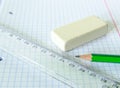 Set of exercise book, pencil, rubber and ruler - school set Royalty Free Stock Photo