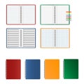 Set of exercise books with different types of pages and different colors.